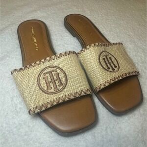 Tommy Hilfiger Women Natural Straw TH Logo Slide Sandals Size 8M